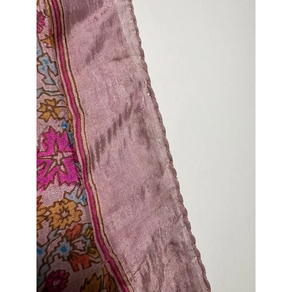 Vintage 100% Pure Silk Scarf Made in India Pink Floral Paisley Hand Rolled 32x32